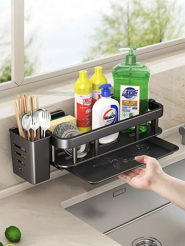 1pc Carbon Steel Kitchen Sink Storage Rack With Drainage Tray, Sink Drainer Rack For Kitchenware And Spice Storage, Fit For Kitchen Sink, Bathroom Sink And Countertop, Aluminum Alloy, Waterproof And Rust-Proof, Sturdy And Durable, Installation Without Drilling