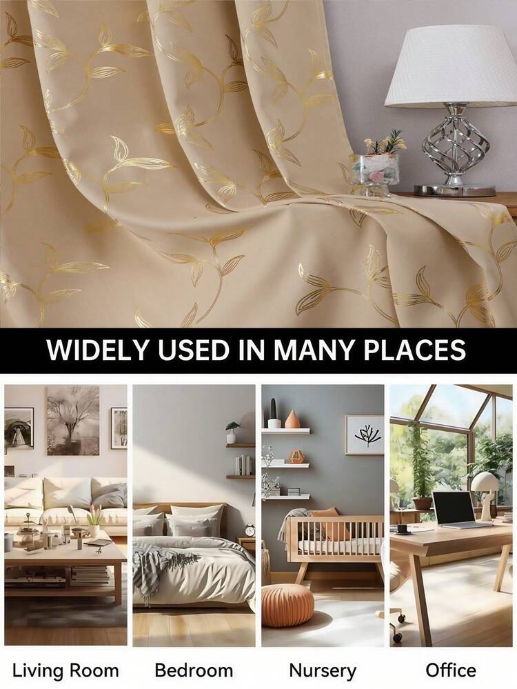 2pcs Beige Floral Blackout Thermal Curtain Panels, Modern Printed 3D Floral Design, Suitable For Living Room, Bedroom, Dining Room Home Decor, Room Decoration - Beige Gold - View 11