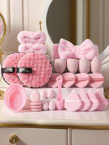 4/7/20/27件套化妆工具套装，包含：4个化妆海绵+4个迷你化妆海绵+4个三角粉扑+4个迷你气垫粉扑+1个发圈+2个手碗挂绳+1个化妆刷清洁工具+2个洁面海绵+4个气垫粉扑+1个洗鼻刷