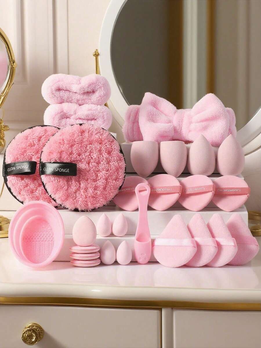 4/7/20/27件套化妆工具套装，包含：4个化妆海绵+4个迷你化妆海绵+4个三角粉扑+4个迷你气垫粉扑+1个发圈+2个手碗挂绳+1个化妆刷清洁工具+2个洁面海绵+4个气垫粉扑+1个洗鼻刷