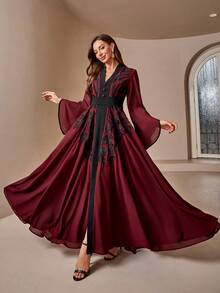 Women's Embroidered V-Neck Color Block Elegant Dress - Burgundy - View 5