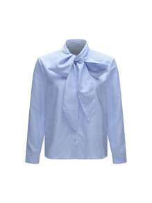 Plaid Shirt & 2026 Must-Have | Retro Blue & White Shirt | Elegant Bow Collar, Long Sleeve | Suitable For Fashionable Office, Garden Party And New Year's Eve | Spring/Summer Versatile Top - Blue - View 9