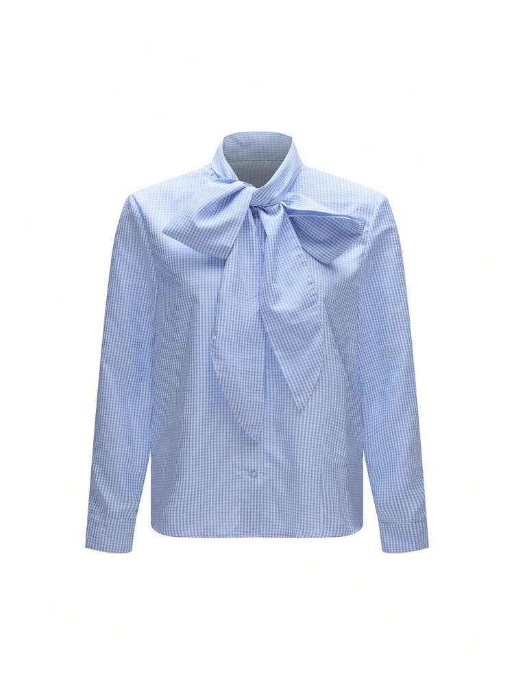 Top Xadrez e Imperdível de 2026 | Top Retrô Azul e Branca | Colarinho de Laço Elegante, Manga Longa | Adequada para Escritório da Moda, Festa no Jardim e Réveillon | Top Versátil para Primavera/Verão - Azul - Visão 9