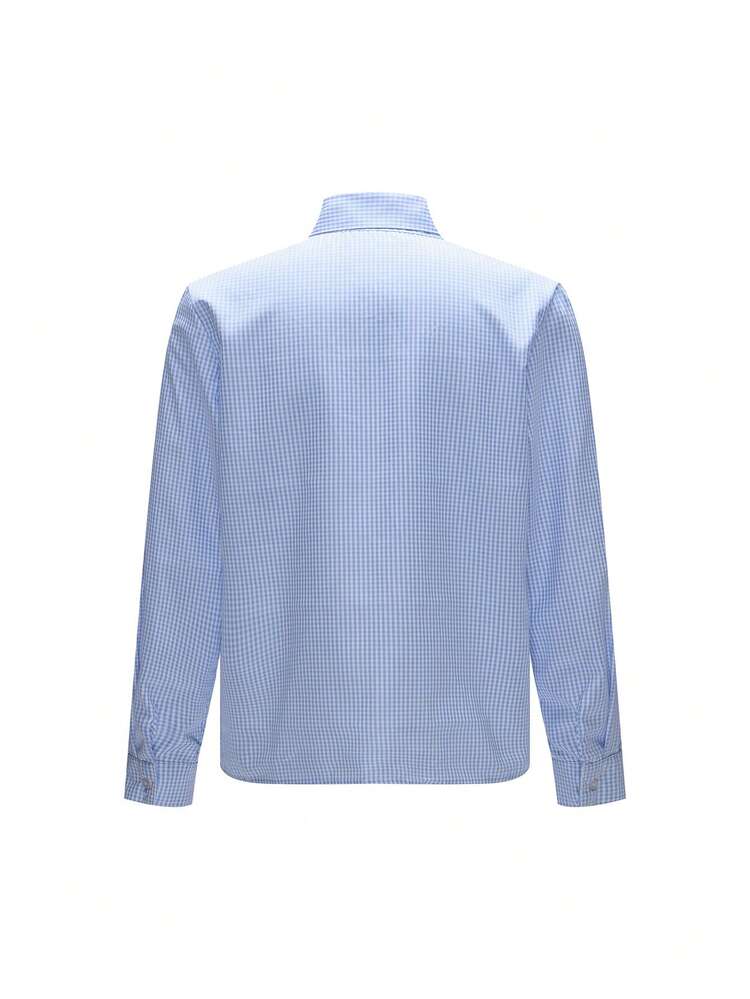 Top Xadrez e Imperdível de 2026 | Top Retrô Azul e Branca | Colarinho de Laço Elegante, Manga Longa | Adequada para Escritório da Moda, Festa no Jardim e Réveillon | Top Versátil para Primavera/Verão - Azul - Visão 10