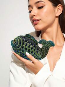 Women Mini Fish Evening Clutch Rhinestone Purse Sparkling Handbag For Wedding Party Banquet - 墨綠色 - 查看 3