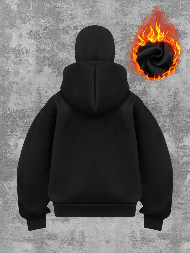 女士时尚街头嘻哈双层连帽开衫卫衣，秋冬季女装外套。百搭简约的女士秋冬服装。酷炫女士长款拉链开衫卫衣，舒适透气，私密安全，双层连帽设计。 - 黑色 - 查看 3