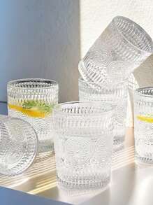 4Pcs Set Nordic Style Premium Thick Sunburst Embossed Glassware, Lead-Free Glass /Juice/Water Cups, High-End Elegance