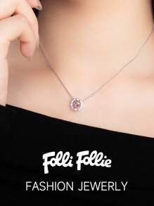 Folli Follie Necklace For Women Heart-Shaped Pendant Necklace With Moissanite Diamond On Chain, Cute Pink Crystal Heart Pendant Adjustable Charm Chain Necklace Jewelry Gifts For Women