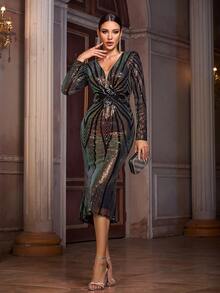 Women's Elegant Woven Fabric Sequin Patchwork - Green - View 1