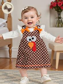 Infant Baby Girl Clothes Set Long Sleeve Solid Color Romper And Turkey Embroidery Dot Dress With Headband 3Pcs Outfit - White - View 3