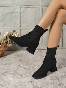 1 Par de Botas Femininas de Cor Sólida, Sexy, Retalhos de Tecido, Cano Médio, Salto Grosso, Adequado para Festa, Todas as Estações