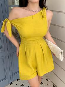 abyoxi 女士黄色性感不对称领单肩系腰极简连体裤，休闲通勤、海滩度假、日常穿着，春夏短款连体裤 - 芥末黃 - 查看 3