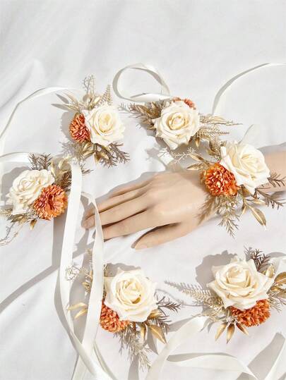 1朵/6朵人造香槟橙色花朵新娘手腕花伴娘姐妹手花婚礼DIY花卉派对装饰情人节配饰