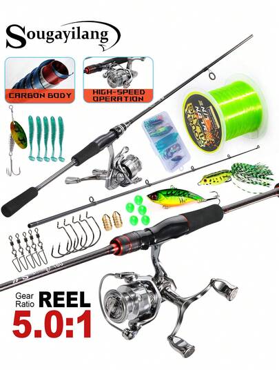 SOUGAYILANG 1.8M/5.9FT Carbon Fiber Spinning Rod & 1000-3000 Size Aluminum Spool Reel Combo With Random Line & Baits - Perfect For Recreational Fishing & Outdoor Activities (Fresh/Saltwater, Trout, Bass)