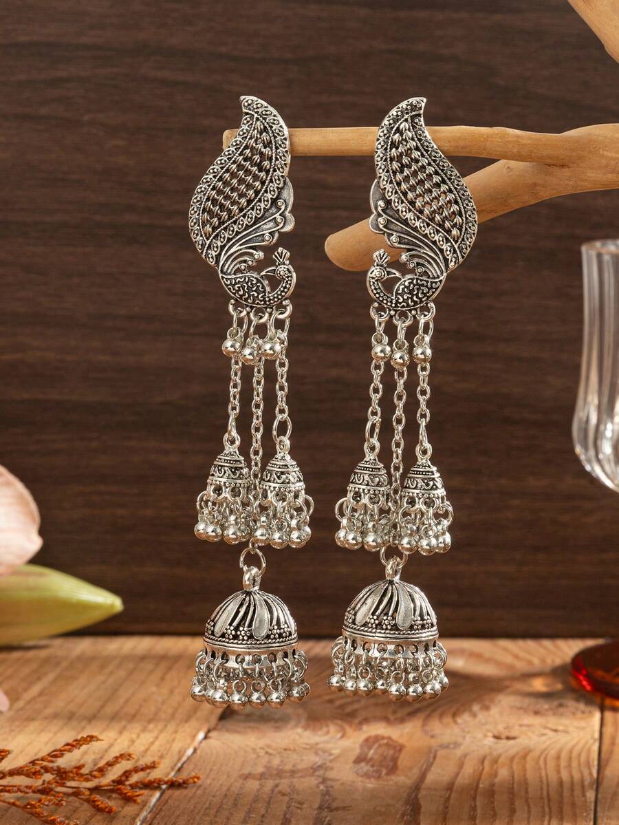 一对长链多铃铛耳环 - 銀色 - 查看 1