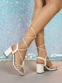 6.5 厘米白色粗跟凉鞋，时尚优雅性感系带凉鞋，适合礼服、正式场合、婚礼、派对、户外穿着，简约纯色高跟凉鞋，带腿带，适合女士 - 白色 - 查看 6