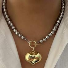 Y2k Stainless Steel Heart Pendant Bead OT Clasp Necklace For Women Men Fashion Geometric Charm Necklace Party Jewelry Gifts - A - 查看 9