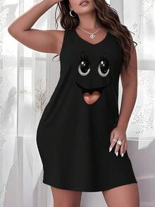 Women's Plus Size Nightgown Big Eyes Joyful Face Print Camisole Nightdress Casual Summer Vacation Clothing Gifts For Women Sleeveless Pajamas For Women Set - 黑色 - 查看 1