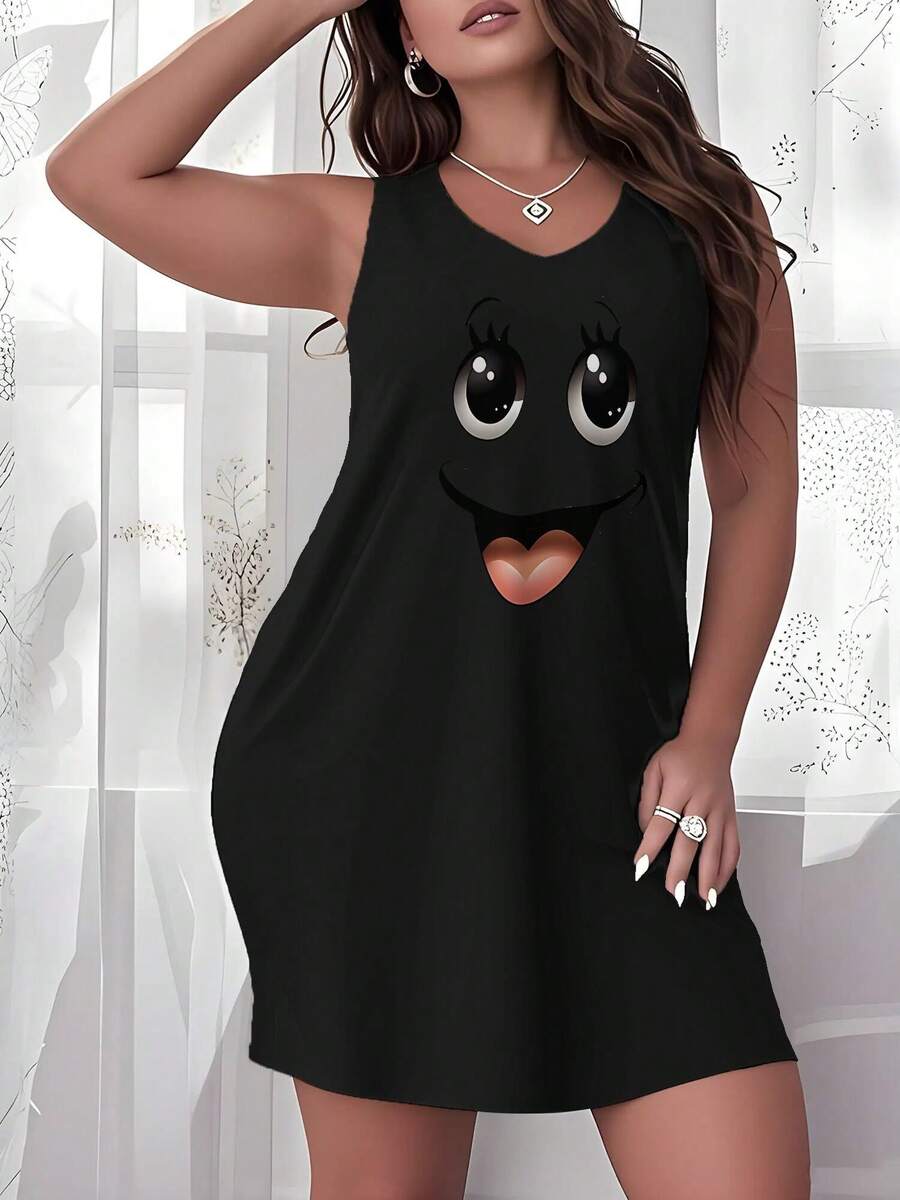 Women's Plus Size Nightgown Big Eyes Joyful Face Print Camisole Nightdress Casual Summer Vacation Clothing Gifts For Women Sleeveless Pajamas For Women Set - 黑色 - 查看 1