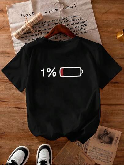 加大码女式夏季“仅剩 1% 电量”图案 T 恤，休闲舒适上衣，日常穿着，度假风，夏季，上衣，黑色图案 T 恤
