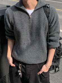 秋冬新款针织休闲宽松套头毛衣，简约风格，串珠纹理，通勤商务休闲领拉链长袖超大码男女通用针织衫