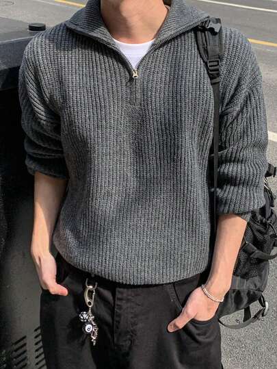 秋冬新款针织休闲宽松套头毛衣，简约风格，串珠纹理，通勤商务休闲领拉链长袖超大码男女通用针织衫