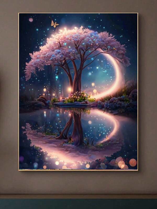 Pintura de diamante 5D de paisaje estrellado fantástico con árbol, mariposa y rosa, bordado de diamante en mosaico redondo DIY, decoración de pared del hogar, artesanía y hobby, regalo