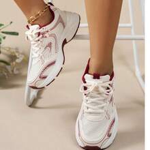 2025 Autumn 2024 Spring/Summer New Thick Sole Soft Leather Platform Chunky Sneakers, Women Mesh Breathable Running Shoes Casual Sport Shoes - Đỏ - Xem 2