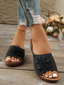 Women's Floral Thick Bottom Wedge Open Toe Slippers, Polyurethane Sole Thick Wedge Heel Solid Color Comfortable Slip-On Platform Sandals - Black - View 3
