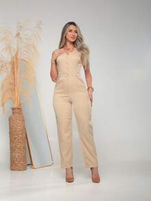 Women's Tailored Jumpsuit With Button At The Front C3154 - Beige - View 3