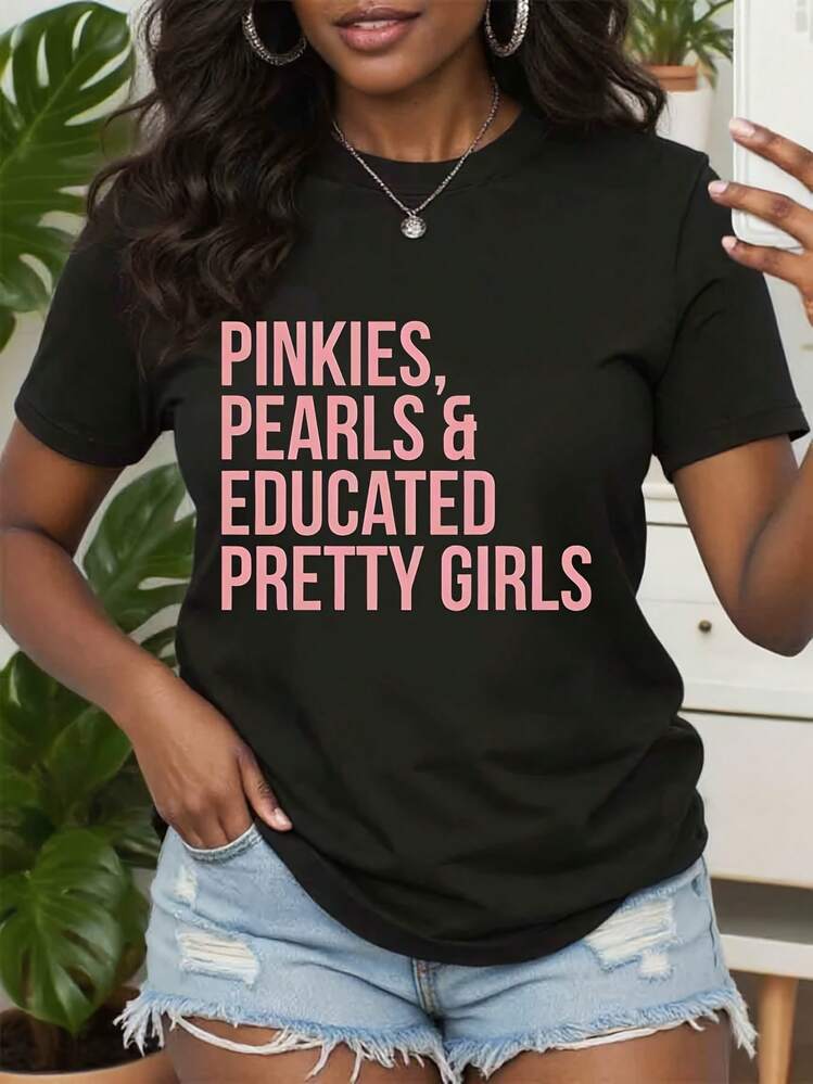 AKA Pretty AKA T-Shirt, Women's AKA Sorority Shirt, Round Neck Tee, Colorful Lettering T-Shirt, AKA Decorative Pattern Tee, Bold Letters Shirt,Machine Washable Fabric - Black - View 1