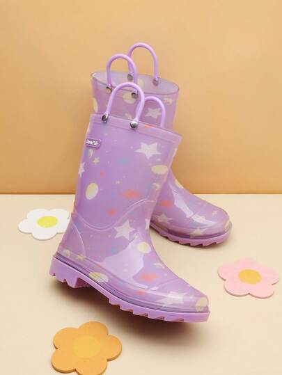 Kids' Waterproof Rain Boots Lightweight Pull-On Toddler Boots With Handles For Girls & Boys Cute Playtime Outdoor Shoes Purple
