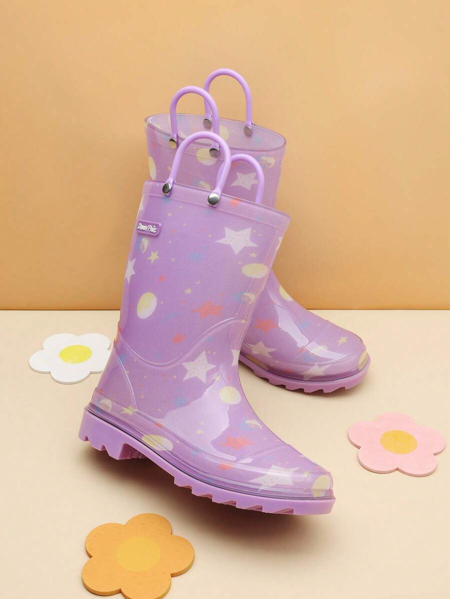 Kids' Waterproof Rain Boots Lightweight Pull-On Toddler Boots With Handles For Girls & Boys Cute Playtime Outdoor Shoes Purple - 紫色 - 查看 1