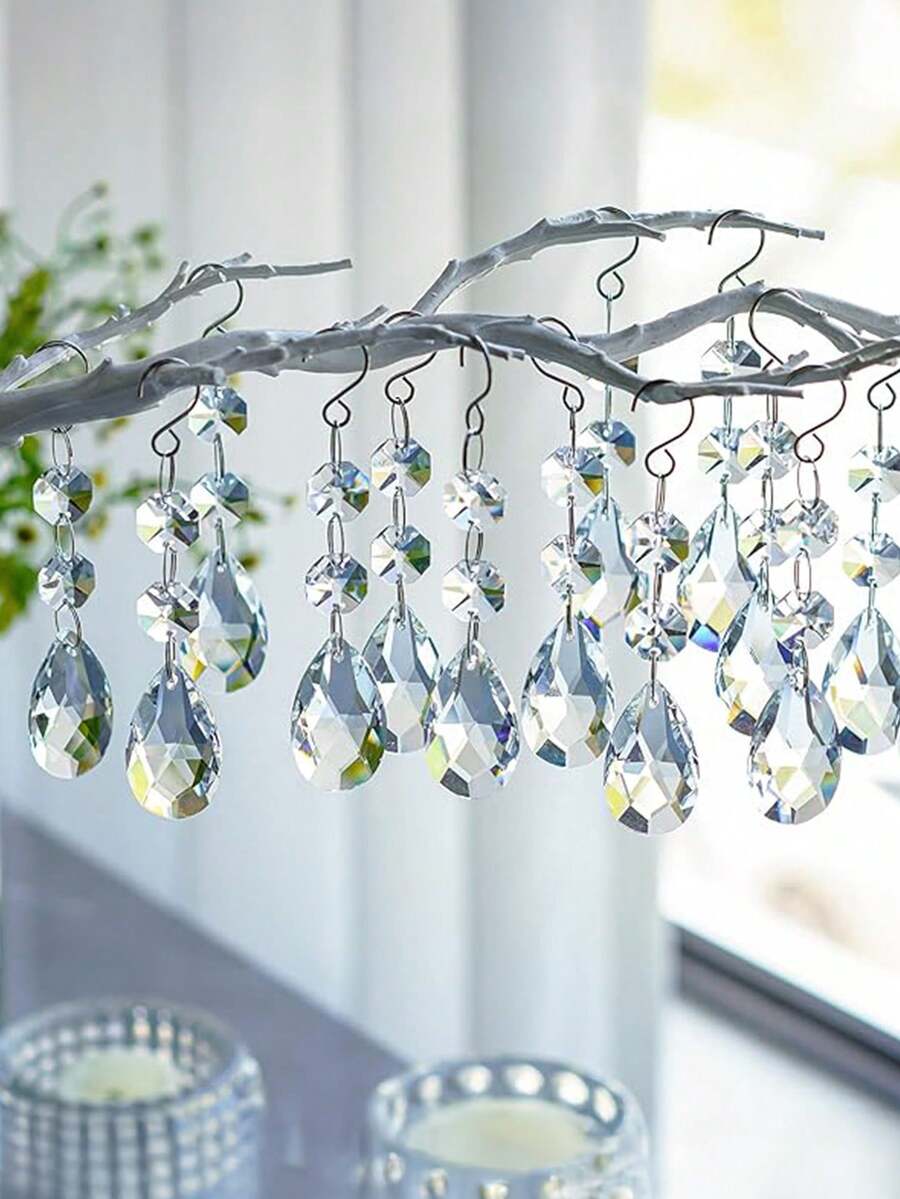 10pcs 38mm Teardrop Crystal Prisms, Transparent Crystal Chandelier Prism Pendant Parts, Connecting Glass Octagon Beads, Hanging Wreath Lamp Decor, Christmas Tree Decor, Wedding & Home Decor Christmas Decorations Room Decor - Clear - View 1