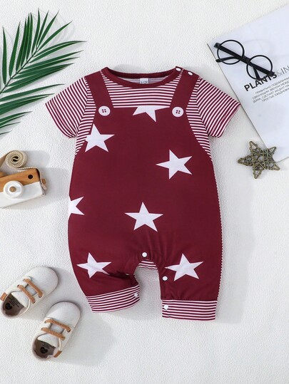 Infant/Toddler Boys' Casual Short Sleeve Round Neck Star Print Bib Pants Jumpsuit, Leisure Fashion Outdoor Wear, Summer