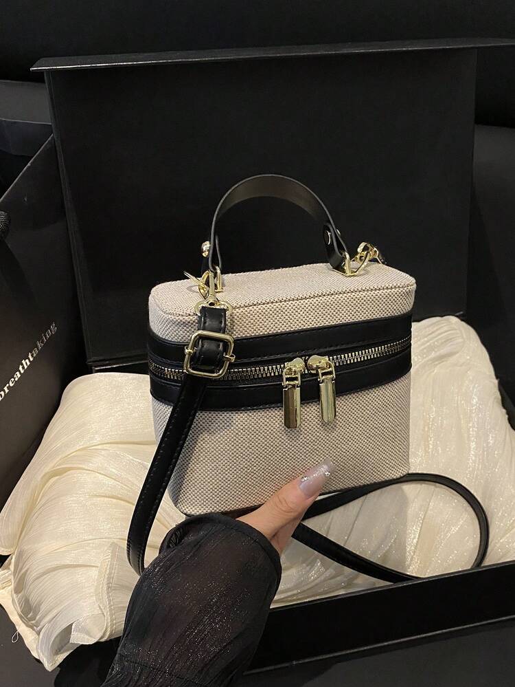Retro Minimalist Color Block Small Box Handbag, Shoulder Bag For Women - Black - View 1