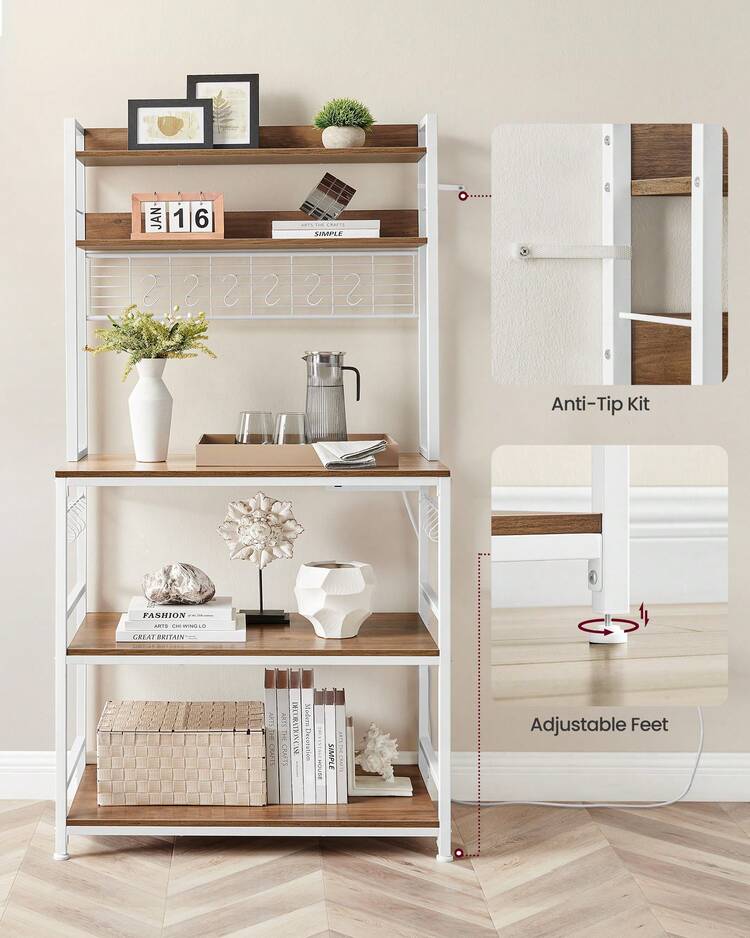 VASAGLE Hutch Bakers Rack With Power Outlet, 14 Hooks Microwave Stand, Adjustable Coffee Bar With Metal Wire Panel, Kitchen Storage Shelf, 15.7 X 31.5 X 66.9 Inches - Xem 3