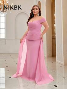 NIKBK 大码腮红粉色露肩美人鱼礼服 - 褶饰雪纺紧身胸衣，不对称飘逸雪纺拖尾，鸡心领口和拖地下摆 | 优雅正式礼服，适合晚会、婚宴、舞会和黑色领带仪式 - 粉色 - 查看 8