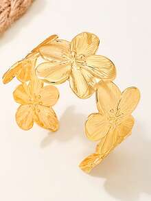 1 件花卉纹理金属厚手镯，可调节开口设计，可爱、时尚、优雅、复古、多层，适合节日、派对、礼物、日常通勤 - 金色5 - 查看 5