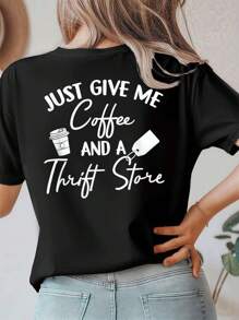 Coffee Thrift TShirt Novelty , Women's Double Sided Printed Fashion Casual Round Neck 220gsm Cotton T-Shirt (1 PC)