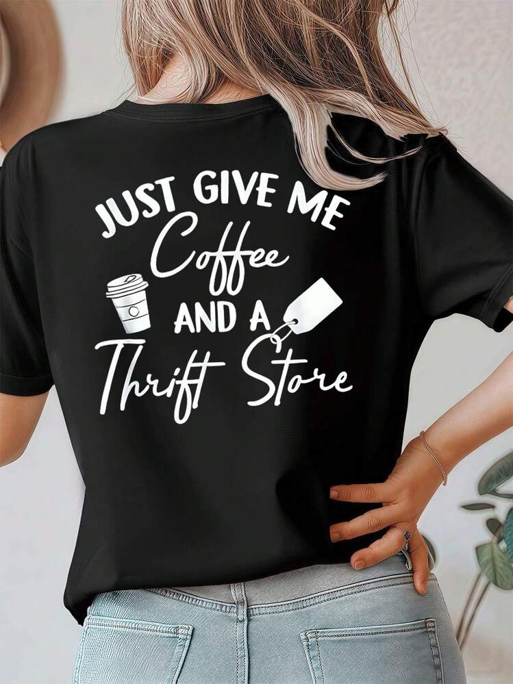 Coffee Thrift TShirt Novelty , Women's Double Sided Printed Fashion Casual Round Neck 220gsm Cotton T-Shirt (1 PC) - 黑色 - 查看 3