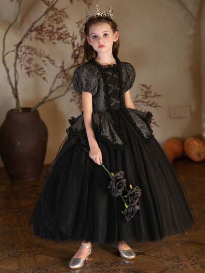Girls' Black Short Sleeve Lace Dress, Puff Skirt Performance Dress, Suitable For Halloween
