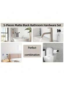 一套5件哑光浴室五金套装，304不锈钢圆形壁挂式 - 包括16英寸毛巾杆、卫生纸架、3个浴袍毛巾挂钩、浴室配件套装、卫生纸架、浴室配件套装、浴室配件、浴室套装 - 彩色 - 查看 7