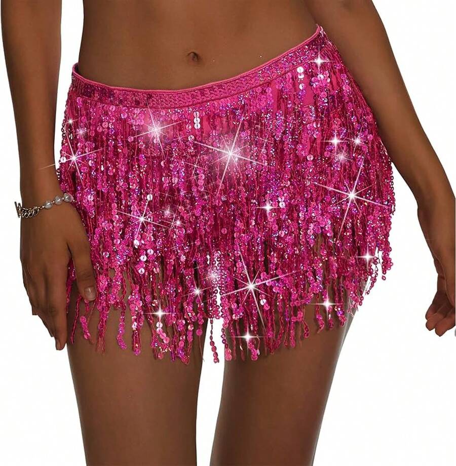 Halloween Halloween Essentials Party Limited Edition Women's Belly Dance Scarf Skirt Sparkly Tassel Disco Outfits Sequin Wrap Rave Costumes Fringe Skirt - 玫紅色 - 查看 1