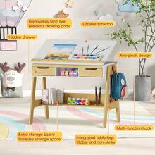 FXLTSBL Children's Desk Made Of Solid Pine Wood, Natural/White - Desk With Tilt-Adjustable Tabletop, Beautiful Youth Desk With 2 Drawers - Khaki - View 5