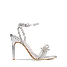 Women's Double Bowknots Crystal Sandals Clear Slingback Heels Square Toe Shoes For Party Wedding - Bạc - Xem 2