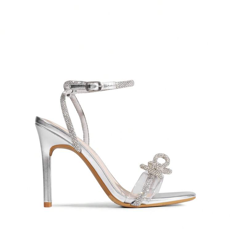 Women's Double Bowknots Crystal Sandals Clear Slingback Heels Square Toe Shoes For Party Wedding - Bạc - Xem 2