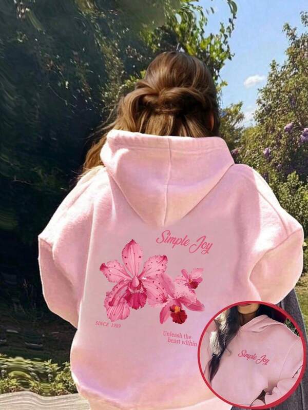 Pink Hibiscus Flower, Tween Girl Casual Vacation Graphic Print Hoodie Sweatshirt, Kids Long Sleeve Thick Autumn/Winter Top