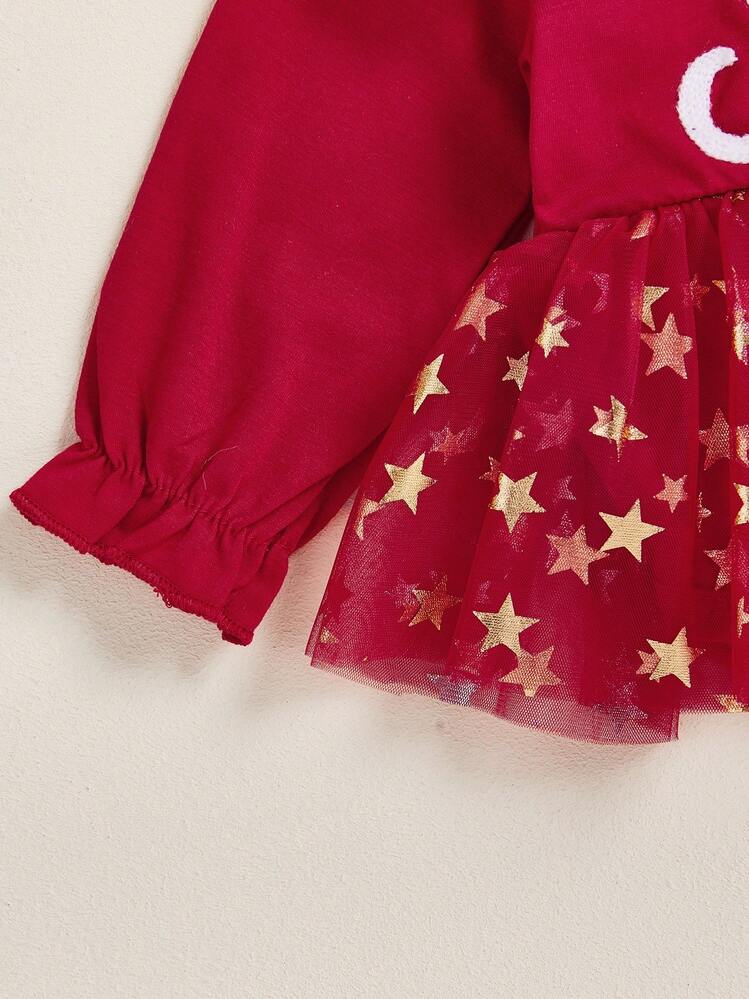 Vestido navideño para niñas pequeñas, manga larga, letras navideñas, estrellas y diadema. - Rojo - Añade 7