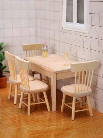 1 套木制娃娃屋迷你餐桌套装，1 张桌子和 4 把椅子迷你家具模型，卧室场景装饰，复古餐桌，书桌装饰，娃娃屋装饰，工艺品，复古家居装饰模型，节日礼物，生日礼物，圣诞节，万圣节，为生活增添色彩